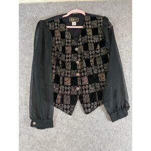 Vtg 90s R&K Evening Jacket Womens 10 Black Velvet Patchwork Vest Sheer Sleeves